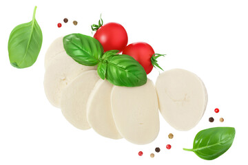 Wall Mural - Mozzarella cheese sliced with basil leaf and tomato isolated on white background . Top view. Flat lay