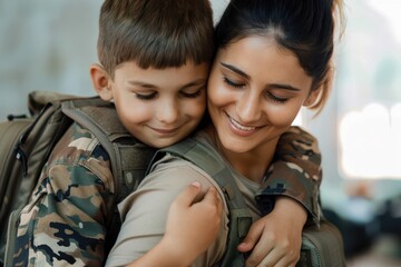 Wall Mural - soldier mom gives preteen son big hug