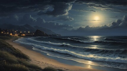  illustration background of Brilliant sunrise over the sea with waves, clouds and mountains , beach view backdrop