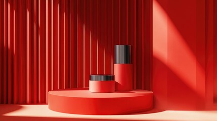 3D rendering of a blank product display for cream cosmetics with a modern red podium backdrop