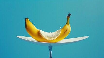 Canvas Print - Partially Peeled Banana on a Plate with Blue Background.