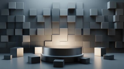Poster - 3D rendering of a podium surrounded by reflective cubes on a gray backdrop with lighting effects