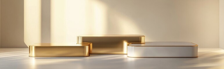 Aufkleber - 3D rendering of gold and white podiums featuring rectangular shapes on a light background Three platforms designed for showcasing products