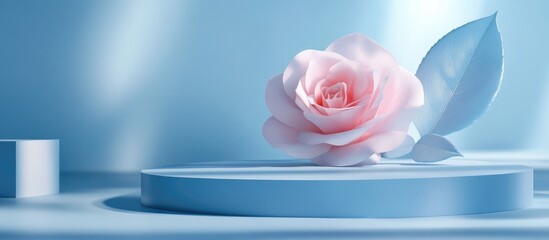 3D rendered background featuring a rose flower in a blue color palette with geometric podium elements for product showcasing minimalist design high quality illustration pastel floral accents beaut