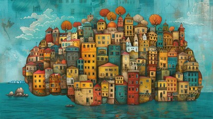 Wall Mural - dreamy cityscape with floating buildings.