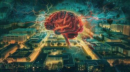 Wall Mural - Brain Power Over City.