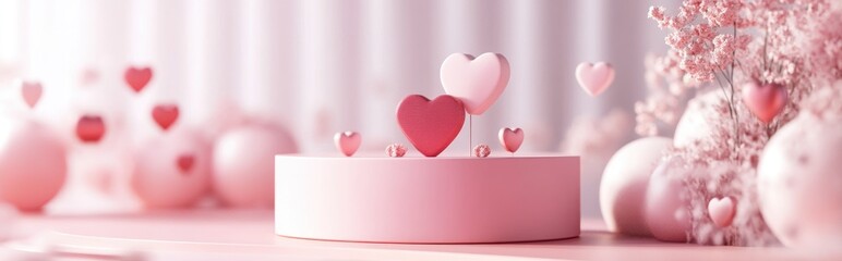 Poster - 3D render of a minimalistic sweet scene featuring a display podium for mockup and product branding Pink pedestal for a romantic theme with a charming heart background perfect for a love themed des