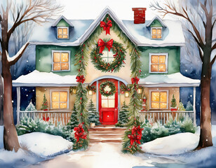 A cute house blanketed in snow, adorned with a Christmas wreath and festive decorations. Watercolor vector art