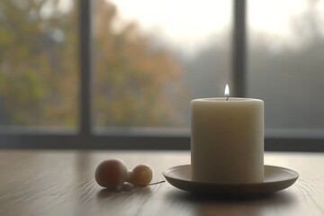 Canvas Print - Serene Still Life of a Single Candle in a Softly Lit Space Representing Peace Simplicity and Tranquility in a Minimalistic and Calm Setting