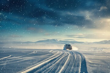 Wall Mural - a car driving down a snow covered road