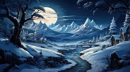 Sticker - Snowy Night Landscape in Whimsical Cartoon Style Illustration