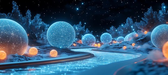 Poster - A digital realm featuring floating data spheres and glowing pathways
