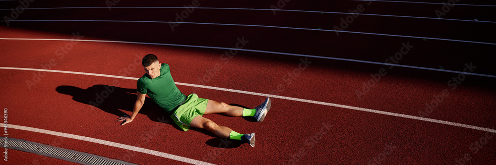 Runner Digging Deep Banner. After tough run, athlete sits on the track, deep in thought ...