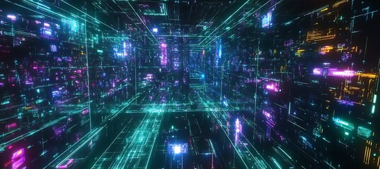 Poster - a digital realm with glowing neon grids and cybernetic structures
