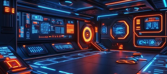 Poster - A digital realm with glowing neon grids and cybernetic structures