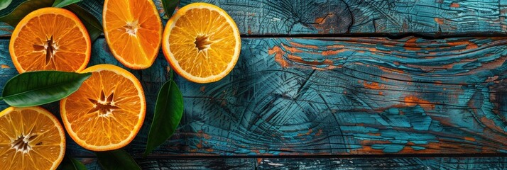 Poster - Freshly cut orange halves and slices on a weathered wooden surface, close-up perspective.