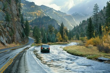 Wall Mural - a car driving down a wet road in the mountains