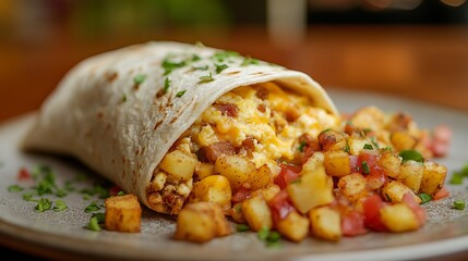 Wall Mural - Delicious breakfast burrito with potatoes and fresh toppings on a plate