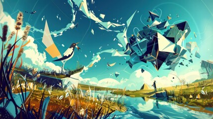 Wall Mural - abstract landscape with bird and geometric shapes.
