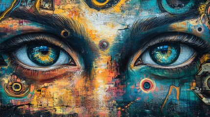 A mesmerizing close-up of vivid blue eyes surrounded by vibrant abstract art, evoking depth and creativity.