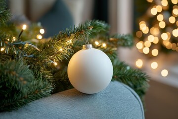 Minimalist Christmas Decor with White Ornaments and Soft Lights Highlighting the Elegance Simplicity and Tranquility of a Modern Holiday Celebration