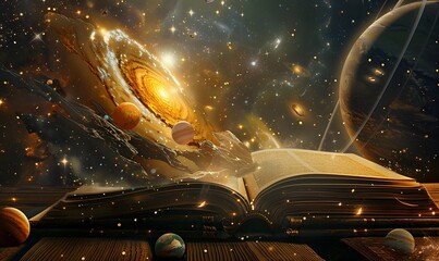 Book of the universe - opened magic book with planets and galaxies. 