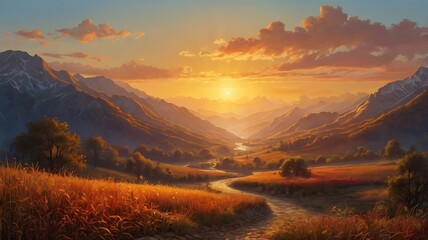 Wall Mural - A painting of the early morning at dawn, the sun behind the mountains, the sun's light shines with red-orange colors creating an unforgettable landscape scene	