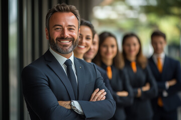 A successful businessman smiles confidently in front of a team of corporate professionals in suits