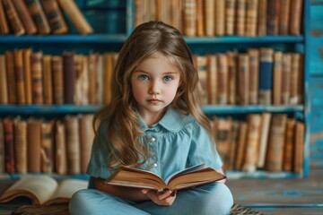 A young girl with long hair reading a book in a cozy library, surrounded by shelves filled with vintage books, creating a peaceful and studious atmosphere.