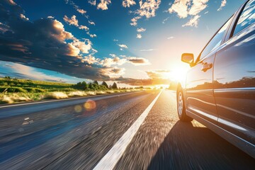 Poster - a car driving down a highway at sunset