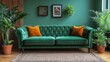 © julija - bohemian chic living room with emerald velvet sofa woven rug and potted plants