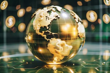 Wall Mural - Golden Globe with Currency Symbols and a Digital World Map