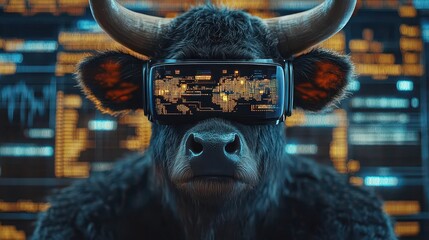 Wall Mural - bull market visualization determined bull wearing vr headset analyzing holographic stock charts and cryptocurrency symbols floating in a futuristic trading room