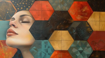 Wall Mural - Closeup of a Woman's Face in a Geometric Pattern.