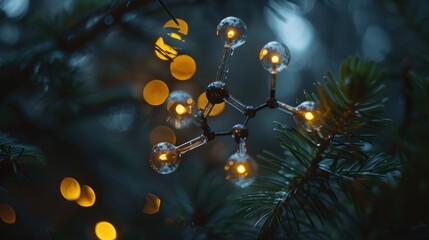 unique molecule decoration hanging on a christmas tree, with warm bokeh lights in the background, co
