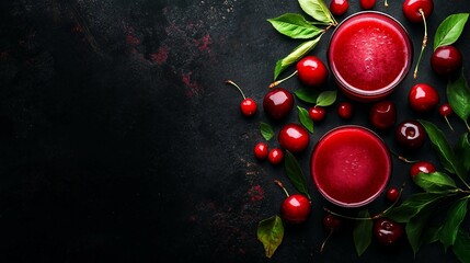 Wall Mural - Vibrant Cherry Juice and Fresh Cherries on Black Background, Top View Flat Lay