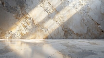 Wall Mural - Light rays illuminate a textured concrete wall in a spacious interior