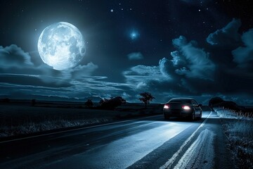 Wall Mural - a car driving down a road under a full moon