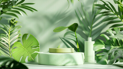 Soft green podium with organic shapes and plants, perfect for eco-friendly, natural, or wellness product displays in a calm and serene environment