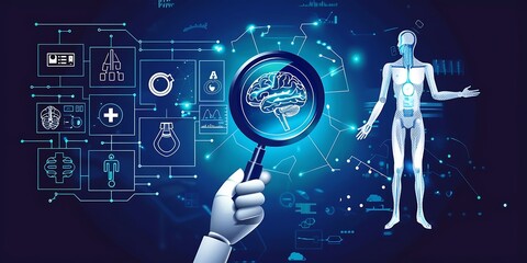 Close up of doctor hand holding magnifying glass with brain hologram