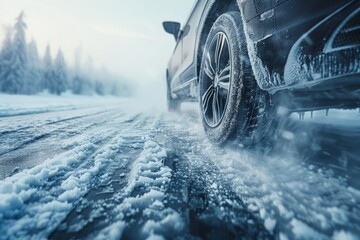 Wall Mural - a car driving down a snow covered road