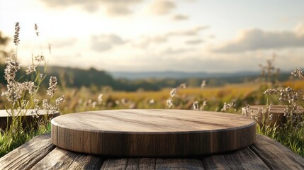 Poster - 3D rendering of a wooden podium set against a field backdrop