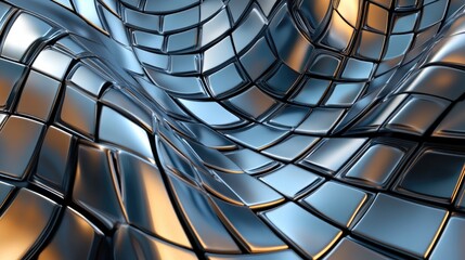 Poster - 3D rendering of a metallic curved geometric background in a digital drawing style