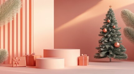 Poster - 3D rendering of an abstract minimalistic scene featuring geometric podium shapes ideal for cosmetic product displays along with festive elements like a Christmas tree and gift box in a studio sett