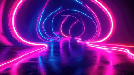 Poster - 3D rendering of an abstract panoramic scene featuring twisted dynamic neon lines illuminating a dark space with reflective flooring A mesmerizing fluorescent ribbon loop creates a stunning minimali