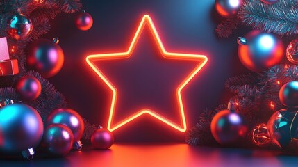 3D rendering of an abstract festive background featuring holiday ornaments and a neon star shaped frame Perfect for seasonal banners