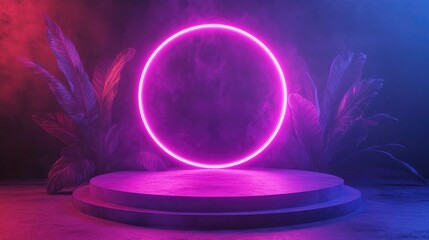 Poster - 3D Rendering of Neon Fluorescence Featuring a Podium Background Ultraviolet Glowing Circle Light Minimalist Design Concept Ideal for Product Mockup Space