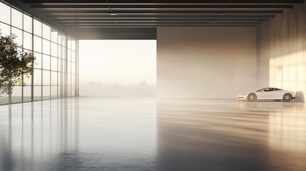 Poster - 3D rendering of contemporary architectural design featuring an unoccupied concrete floor and a backdrop suitable for car exhibitions