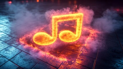 musical note glowing with neon light on a dark smoky background