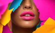 © Denniro - Close-up of pink lips framed by torn colorful paper. A close-up image of a woman's vibrant pink lips with blue, yellow and pink torn paper framing the face
